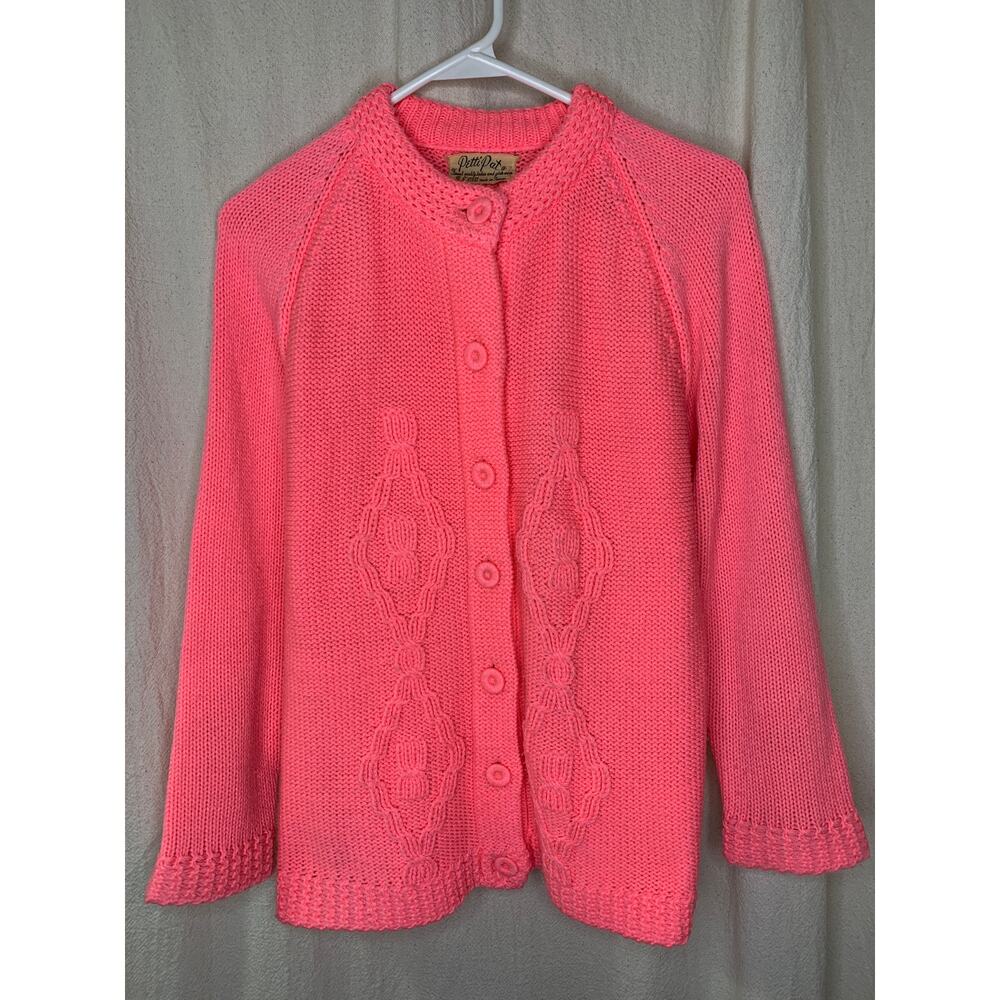 1950s Petti Pat Pink Cable Knit Argyle Diamond Granny Rockabilly Cardigan M